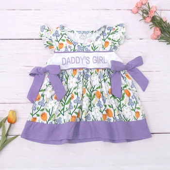 2023 Yeni Zarif Yaz Mor Pamuk Kolsuz Boyun Elbise BABANIN kız Nakış Çiçek Baskı Etek Yay Süsleme Elbise
