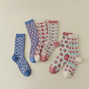 3 Pairs kadın Çorap Retro Tarzı Sonbahar Kış Rahat Yumuşak Kalınlaşmış Ve Nefes Yüksek Kaliteli Pamuk Çorap
