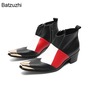 Batzuzhi Yeni Varış Siyah Beyaz ve Kırmızı Renk Çizmeler Erkekler Moda Metal İpuçları 6.5 cm Topuklu Parti / Düğün Çizmeler Erkekler, boyutu 38-46!