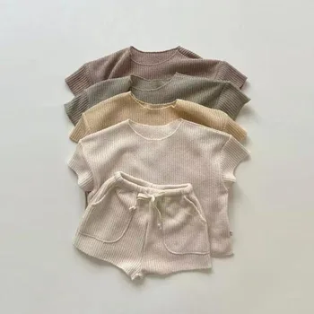 Bebek Erkek Kız giyim setleri T-Shirt + Şort 2 Adet Takım Elbise Düz Renk Yaz Çocuklar Rahat Eşofman Pamuk Çocuk Örme Kıyafetler