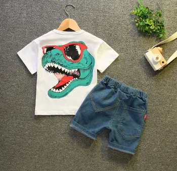 Bebek Erkek pamuklu giysiler Seti Yaz Toddler Karikatür Dinozor turn-aşağı yakalı tişört kısa pantolon 2 adet / takım Takım Elbise Çocuk Kostüm