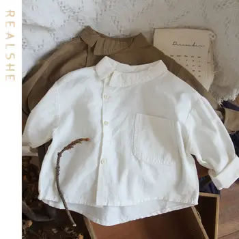 Bebek Kız Bluzlar çocuk Giyim Unisex İçin 2023 Yeni Çocuk Gömlek Katı Cep Uzun Kollu Gevşek Casual Erkek Üstleri