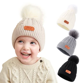Bebek Kış Kap Büyük Kürk Topu Büküm Kızlar örgü şapkalar Sıcak Yün Kapaklar Düz Renk Erkek Bere Moda Deri Etiket Aksesuarları