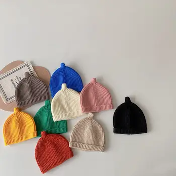 Bebek Örme Şapka Sonbahar Kış Çocuk Bere Kap 2023 Erkek Kız Bebek Düz Renk Yün Şapka Çocuk Aksesuarları