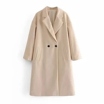 Bej Yün Ceket Kadın Moda İki Düğme Yaka Karışımları Palto Yüksek Sokak Orta Uzunlukta Düz Renk Yün Dış Giyim 2021 Sonbahar Yeni