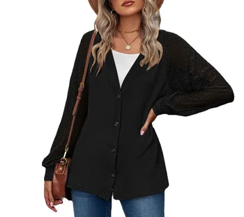 Ceket Kadınlar için Sonbahar ve Kış Uzun Kollu Düz Renk Gevşek Düğme Dantel Ekleme Hırka Bluz