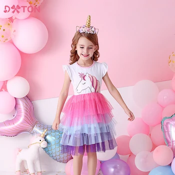 DXTON Kızlar yaz elbisesi Çocuklar Katmanlı Prenses Tutu Elbise Kız Unicorn Karikatür Elbiseler Çocuklar Parti Elbiseler Çocuk Giyim