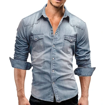 Erkek Düğme Aşağı Denim Gömlek Uzun Kollu Yaka Jean Gömlek Casual Slim Fit Yıkanmış Denim Gömlek Göğüs Cepli