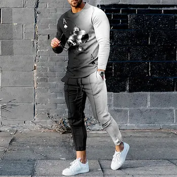 Erkek Koşu Eşofman 2 Parça Takım Elbise bahar uzun kollu elbise Gömlek spor giyim seti 3D Poker Gevşek Erkek Büyük Boy Elbise Tshirt Takım Elbise