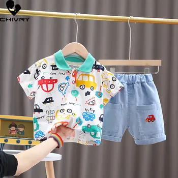 Erkek Yaz Giyim Takım Elbise Yeni 2023 Erkek Bebek Kısa Kollu Yaka Karikatür Araba T-shirt Kot şort Çocuk Çocuk Giyim Setleri