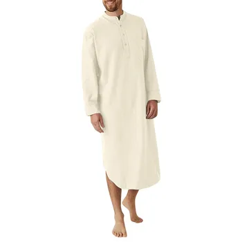 Erkek İlkbahar Sonbahar Arap Gömlek Artı Boyutu Rahat Düz Renk Uzun Kollu Düğme Aşağı Uzun Elbise Thobe Elbise Pijama erkek