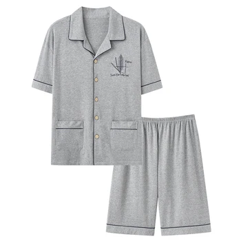 Erkekler Pamuk Pijama Seti 4XL Pijama Seksi Erkek Yatak Açma Yaka Tişörtleri + Pantolon Marka Kısa Kollu Katı Rahat Eşofman