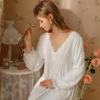 Kadınlar için pamuklu Uyku Elbisesi,Uzun Kollu Dantel Tatlı Kız Pijama Elbise, Uzun Tarzı Ev Giyim, İlkbahar ve Sonbahar için mükemmel