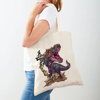 Karikatür Jurassic Dinozor Çocuk Alışveriş Çantaları Seyahat Tote Bayan Çanta Kullanımlık Hayvan Rahat Tuval Kadın alışveriş çantası