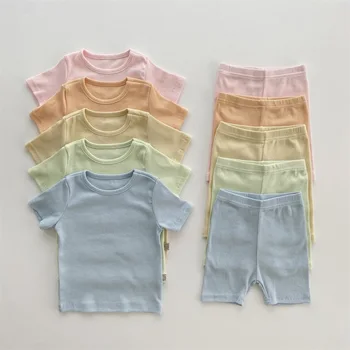 Koreli Çocuk yaz giysileri Bebek Unisex Pamuk Setleri Bebek Yürüyor Pinkycolor kısa kollu tişört Şort Ev Giyim 2 adet Takım Elbise