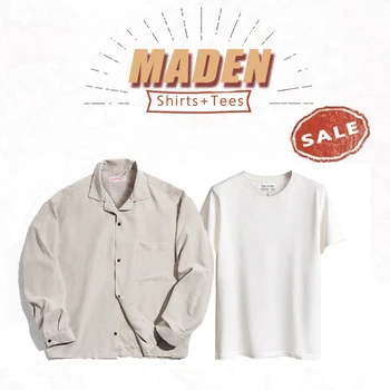 Maden Fransız Vintage Uzun Kollu Küba Yaka Gömlek ve T-shirt erkek Casual Düğme Aşağı Düz Gömlek Beyaz Tees 2 Parça Tops