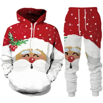 Noel Noel Baba 3D Baskı Erkek Kadın Hoodie + Pantolon 2 adet Setleri Yeni Yıl Tatil Parti Rahat büyük beden kazak eşofman takımı