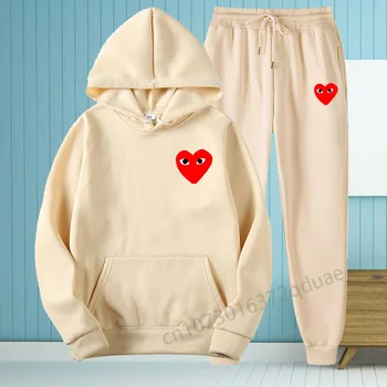 Pamuk Japonya Lüks Marka Hoodie Setleri Kalp şeklinde Grafik Baskı kapüşonlu eşofman üstü Büyük Boy Eşofman Moda Streetwears