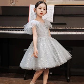 Prenses Zarif Pageant Elbise Küçük Kızlar için Sevimli Gri Tül Mesh Kısa Abiye giyim Lüks Çocuklar doğum günü partisi elbiseleri Balo