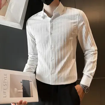 Resmi Turn-aşağı Yaka Gevşek İş Rahat Moda Düğmesi Pilili Gömlek Erkek İlkbahar Yaz erkek giyim Yakışıklı Yetenekli