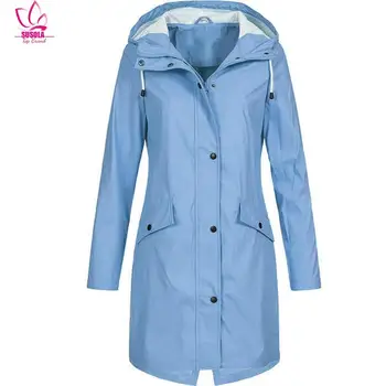 SUSOLA 5XL kadın Ceket Trendi Katı Yağmur Ceket Açık Kapşonlu Su Geçirmez Uzun Palto Palto Bayan Rüzgar Geçirmez Ceketler