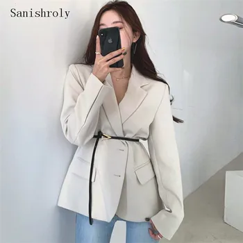 Sanishroly Bahar sonbahar ceketi Ofis Bayanlar Tek Göğüslü Kadın Blazer 2021 Yeni Casual Cepler Sashes Kadın Takım Elbise Ceket 1180