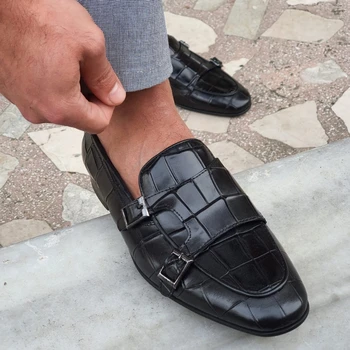Siyah Erkek Resmi Ayakkabı Kahverengi Mavi Loafer'lar Slip-On Taş Desen İş Çift Toka Keşiş Ayakkabı Erkekler için Ücretsiz Kargo ile