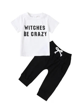 Spooky Sevimli 2 ADET Bebek Erkek Giysileri Seti Kısa Kollu Mektup Baskı T-Shirt ve Uzun Pantolon Cadılar Bayramı Kıyafet