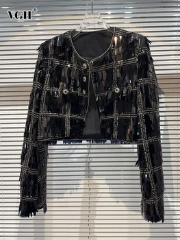 VGH Patchwork Sequins Katı Ekose Ceket Kadınlar İçin Yuvarlak Boyun Uzun Kollu Gevşek Eklenmiş Elmas Mizaç Mont Kadın Moda