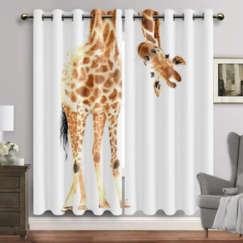 Vahşi Hayvan Karartma Perdeleri Suluboya Zürafa Kaş Beyaz Tüy Pencere Perde Oturma Odası Yatak Odası için Perdeler Yüksek Gölgeleme