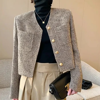 Vintage Tüvit Kırpılmış Ceket Kadınlar 2023 Kore Moda Şık Yıpratır İlkbahar Sonbahar Giysileri Lüks Tasarım Gevşek Ofis Bayan Mont