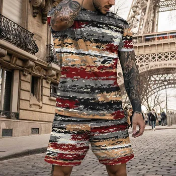 Yaz Erkekler Rahat Spor T-Shirt Şort Erkek Koşu Streetwear Seti 3D Baskı İki Parçalı Kıyafet Eşofman Spor Boy