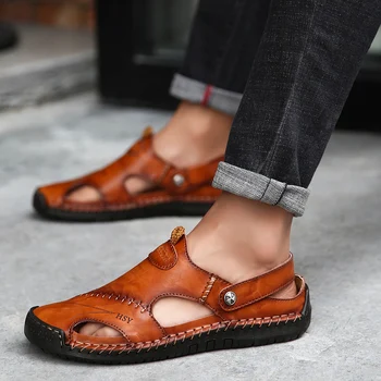 Yeni erkek Yaz Ayakkabı erkek terlikleri Nefes Rahat plaj sandaletleri Hakiki Deri Moda Dikiş Tasarım Düz yürüyüş ayakkabıları