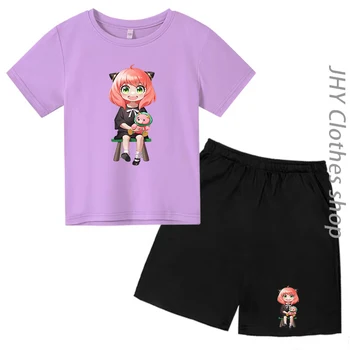 Çocuk T-shirt Şort 2P japon animesi Kawaii Casus X Aile Ekip Boyun 3-14Y Erkek Kız Trend Anya Forger En Eğlenceli Rahat Sevimli Takım Elbise