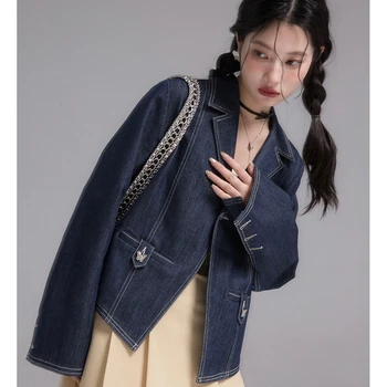 İlkbahar Sonbahar Kadın Takım Elbise Yaka Tasarımcı Tam Kollu Denim Ceket Ceket, Kadın Giyim Rahat Zarif Mont Ceketler